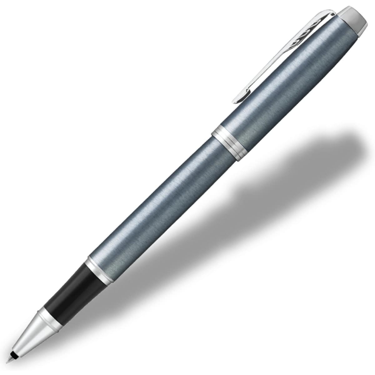 A rollerball pen in blue grey with a silver clip and accents, featuring a sleek metallic finish.