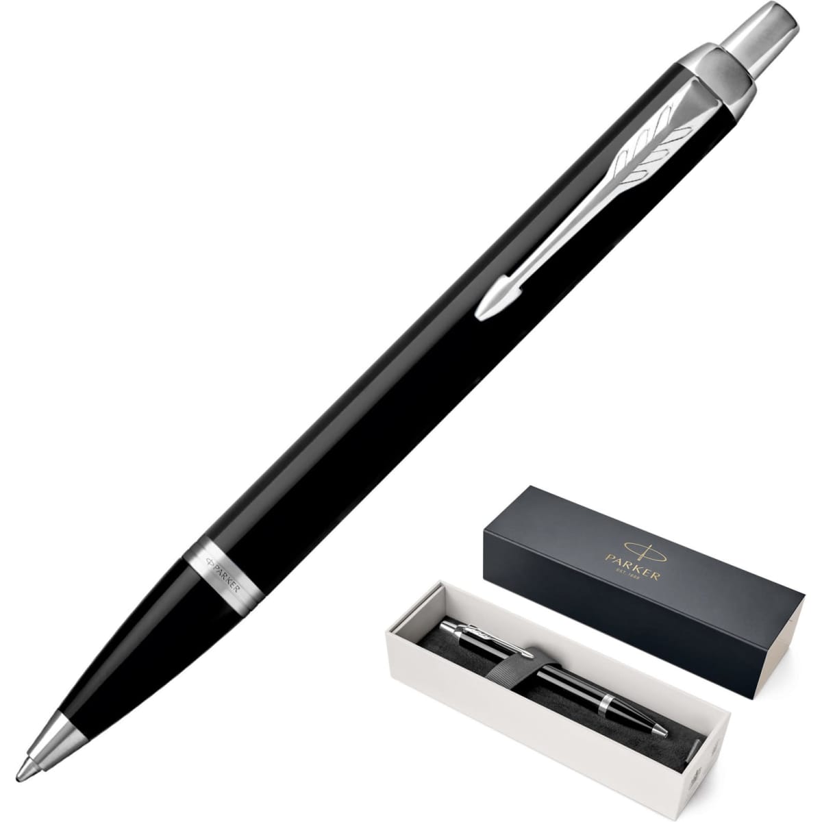 A black ballpoint pen with a sleek design, accompanied by a gift box, featuring a logo on the box.