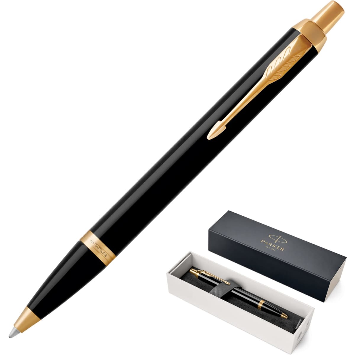 A black ballpoint pen with gold accents, presented in a stylish box. The pen features branding on its body.