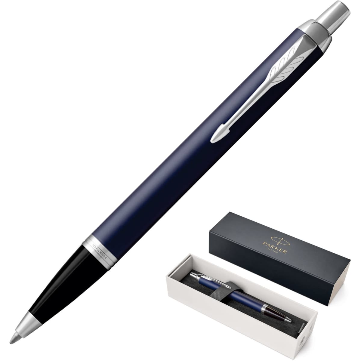 A metal ballpoint pen in matte blue, featuring chrome accents, presented in a box with a logo.