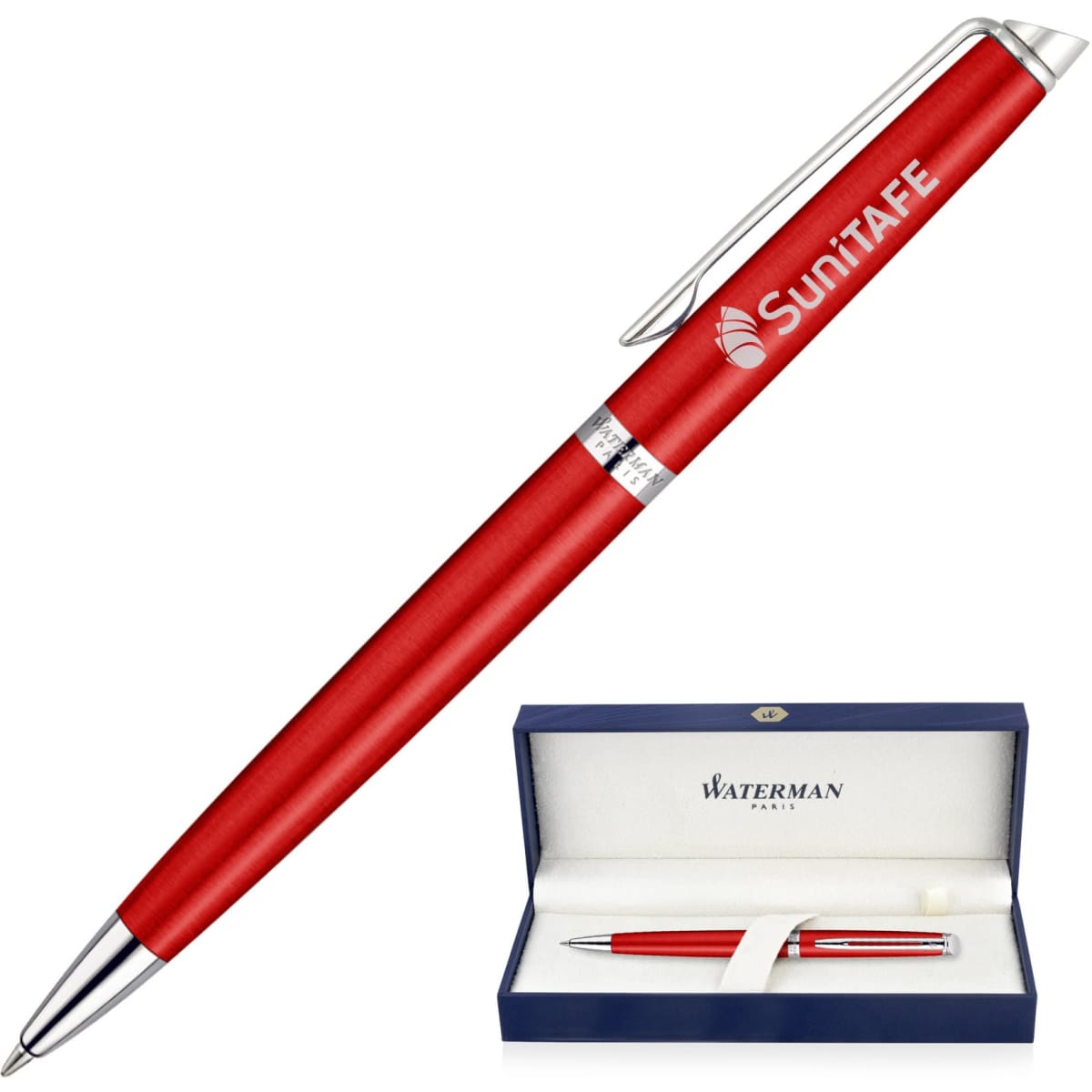 A metal ballpoint pen in comet red, presented in a blue box, featuring a branding logo.