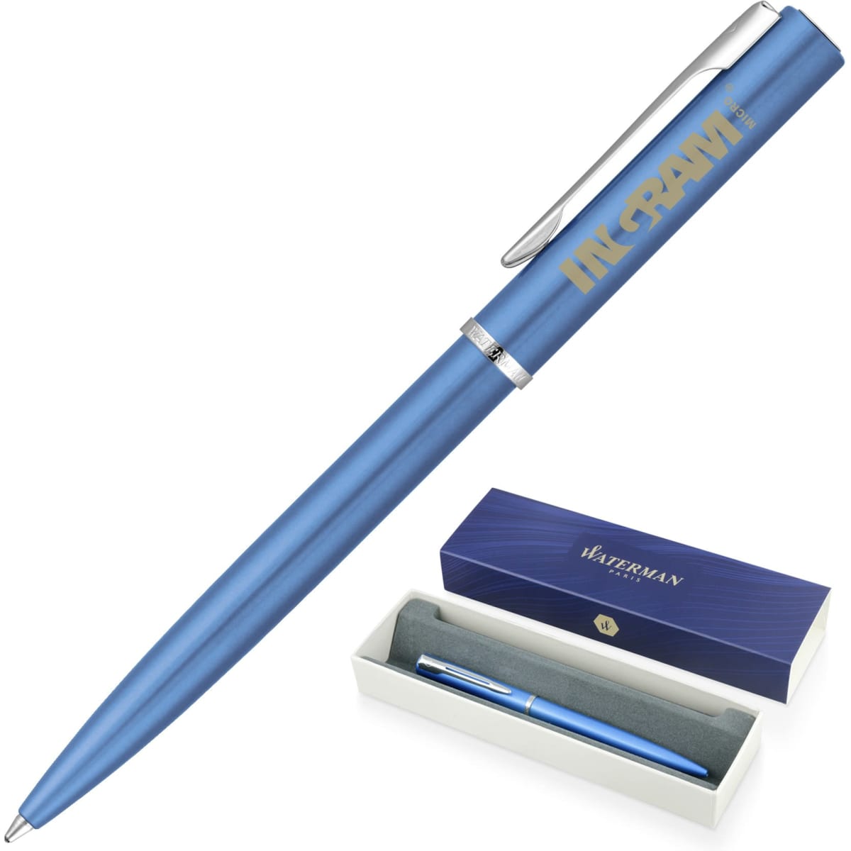 A blue ballpoint pen in a white box, featuring a sleek design and a silver clip, with a logo on the barrel.