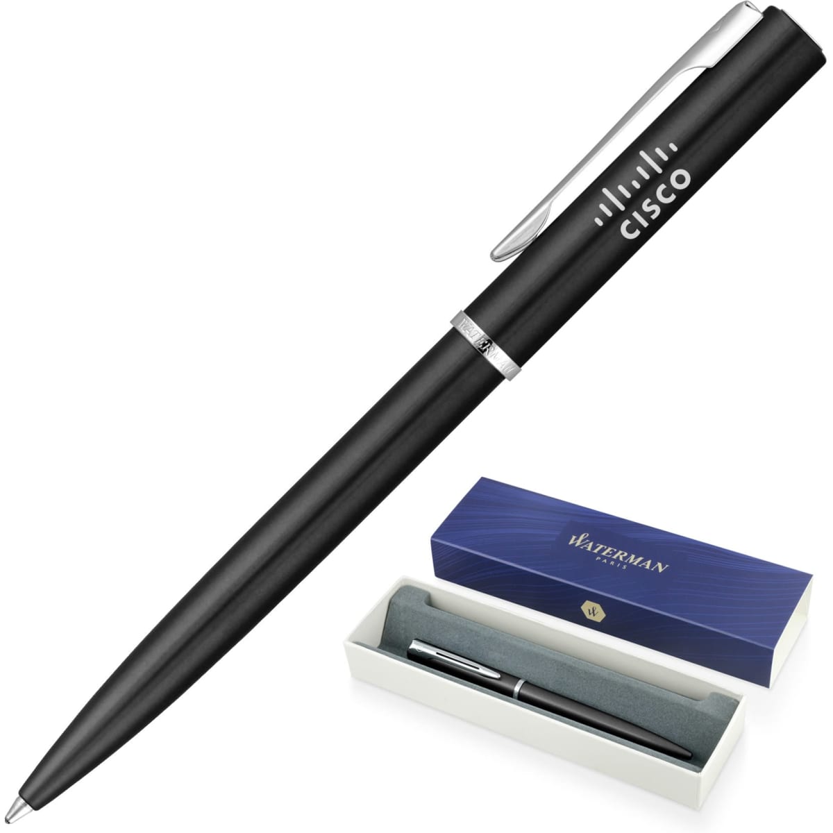 A black ballpoint pen with a silver clip and branding, presented in a white and blue gift box.