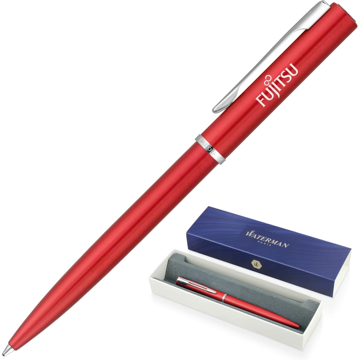 A red ballpoint metal pen with a silver clip, presented in a box with branding.
