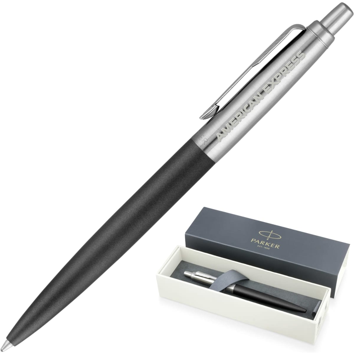 A matte black ballpoint pen with a silver clip and branding, displayed in an elegant box.