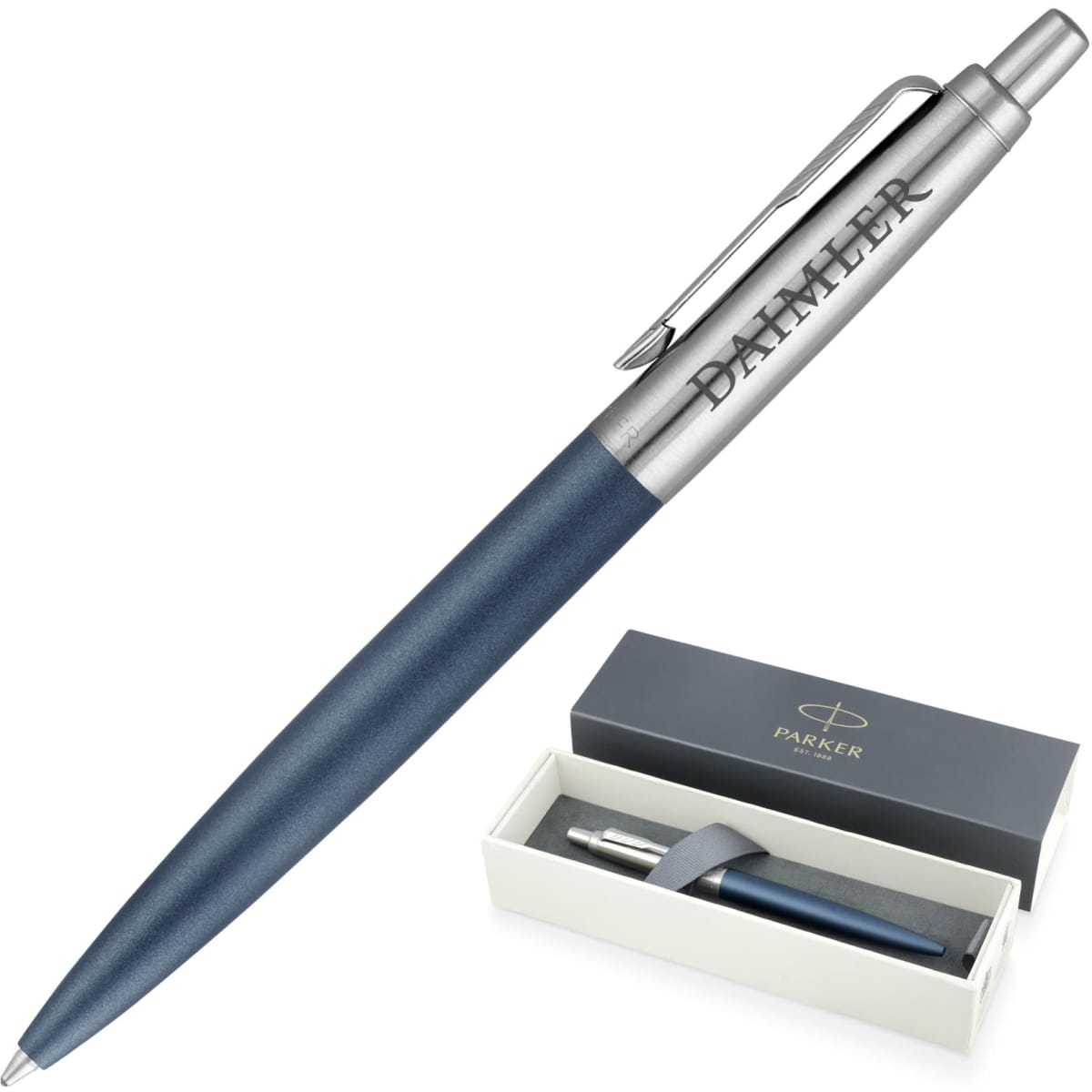 A metal ballpoint pen in matte blue with a silver clip and branding, presented in a two-tone gift box.