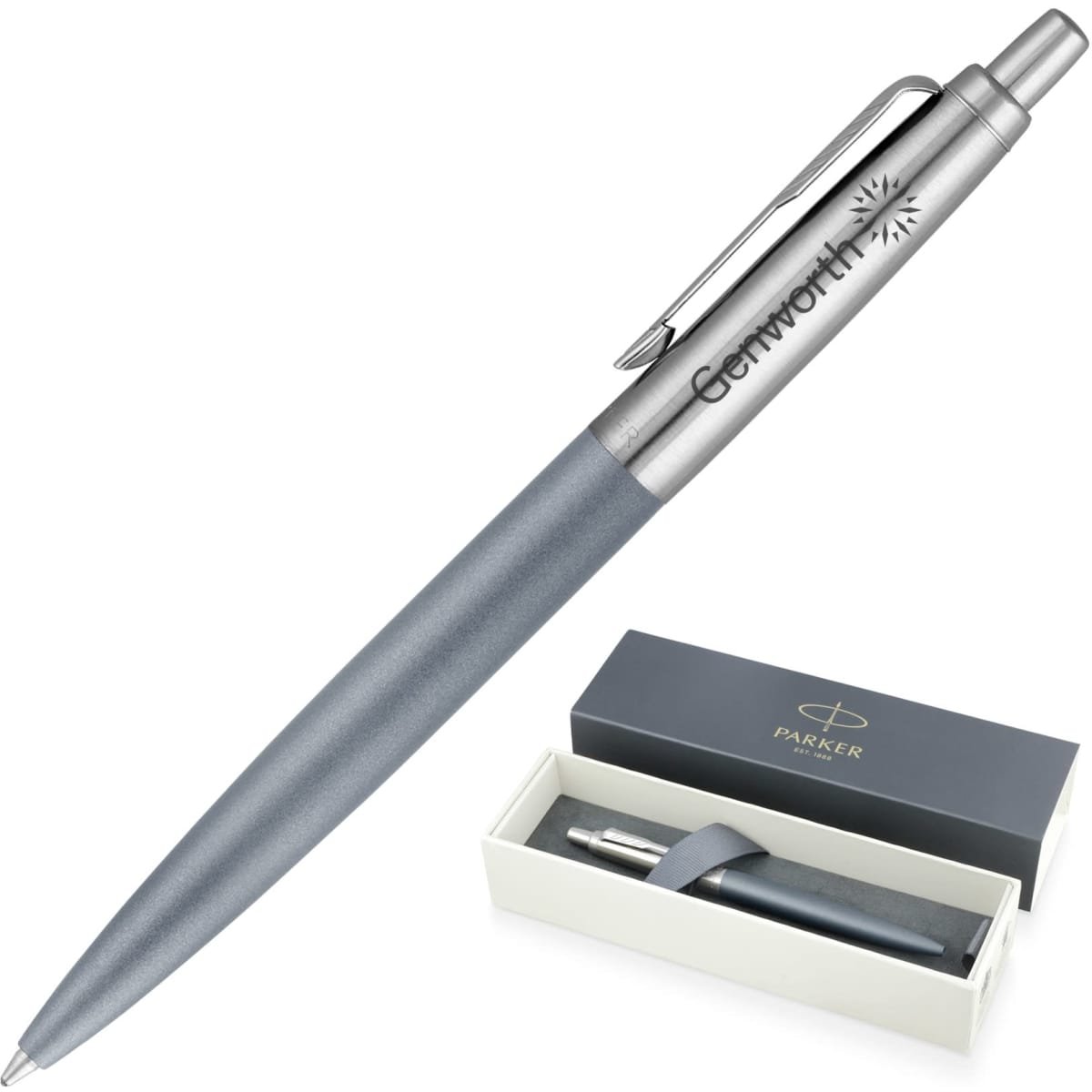 A matte grey ballpoint pen with a silver clip and a branded box.