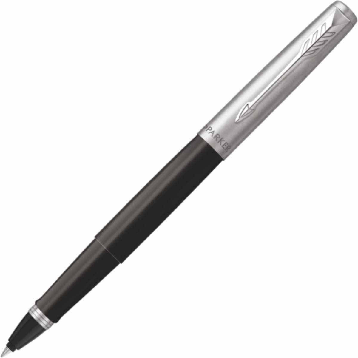 A roller ball pen in black with a silver cap, featuring a subtle branding logo.