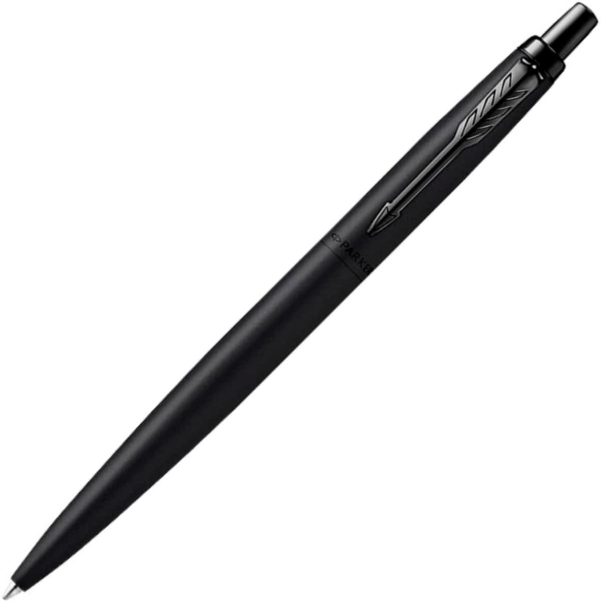A black ballpoint pen with a matte finish and a branding logo. The design is sleek and modern.
