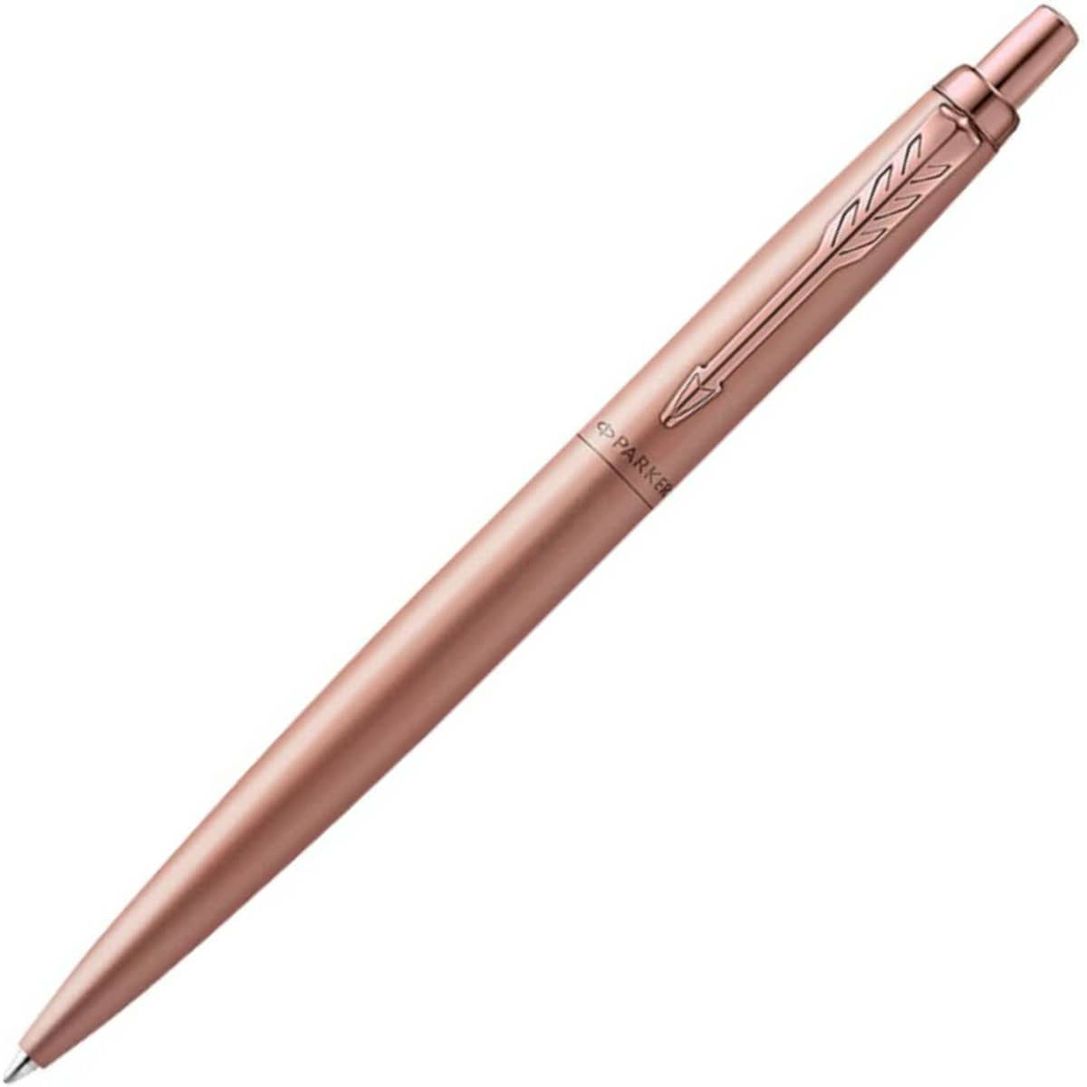 A rose gold ballpoint pen with a sleek design and an engraved branding logo.