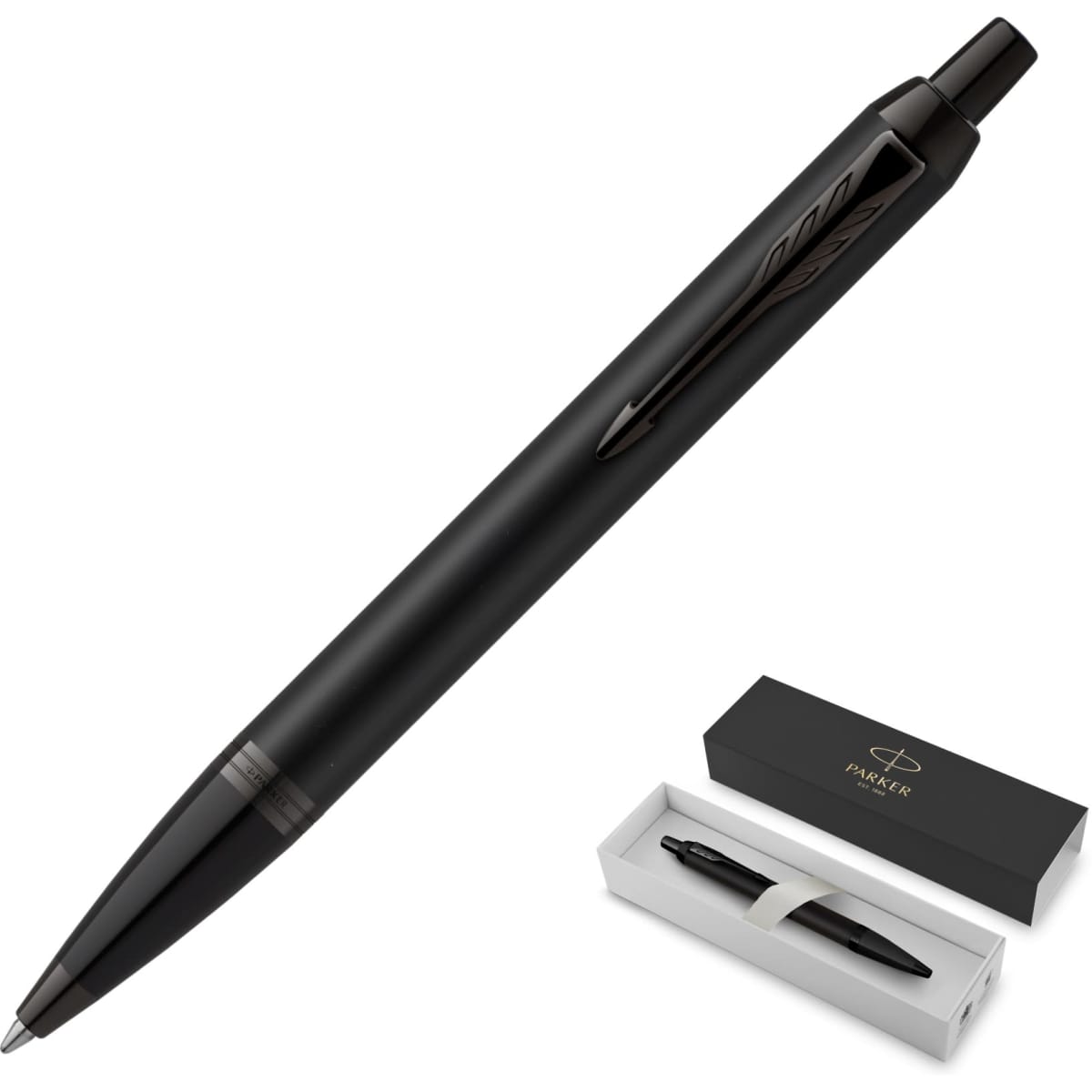 A ballpoint pen in achromatic matte black, displayed with a black presentation box featuring a logo.