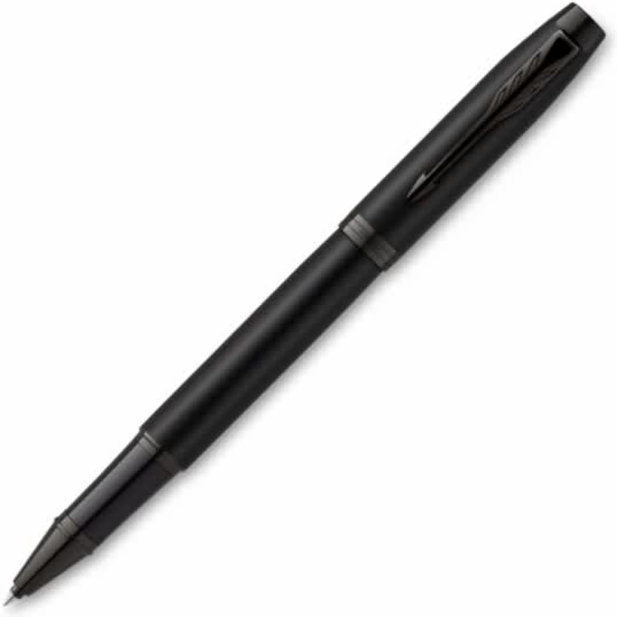 A rollerball pen in matte black finish with a sleek design and a branding logo.