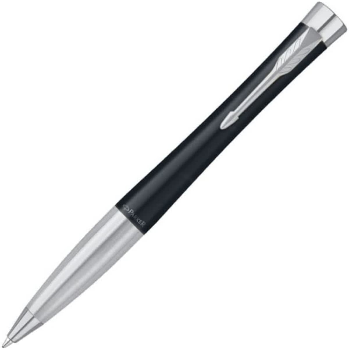 A ballpoint pen in muted black with a silver clip and tip, featuring a sleek, matte finish.