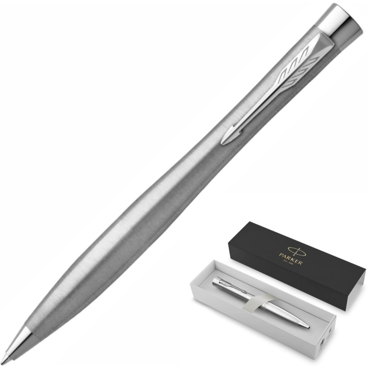 A metallic silver ballpoint pen with a sleek design, presented in a black box with a logo.