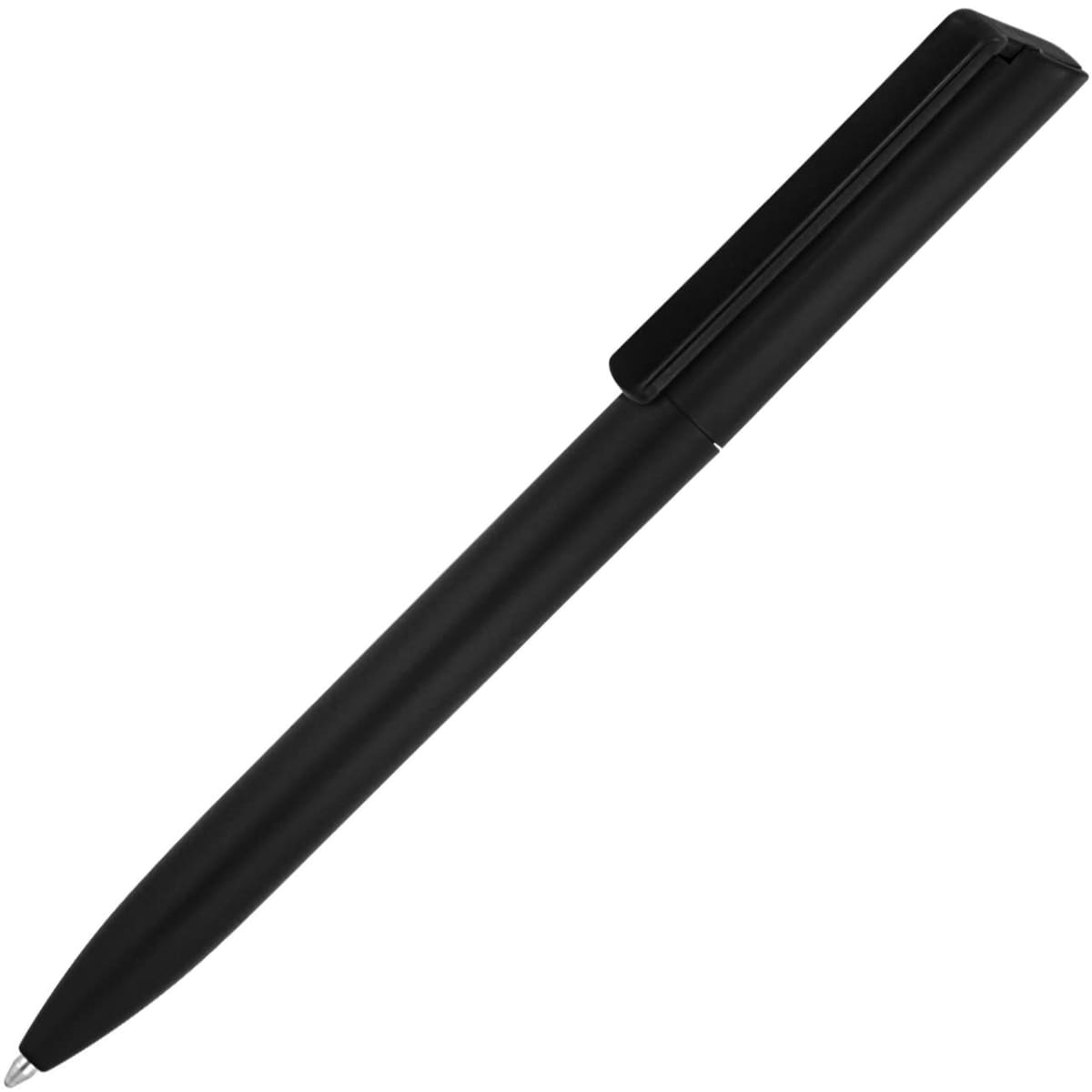 A matte black ballpoint pen with a minimalist design and a clip on the side. Features a logo.
