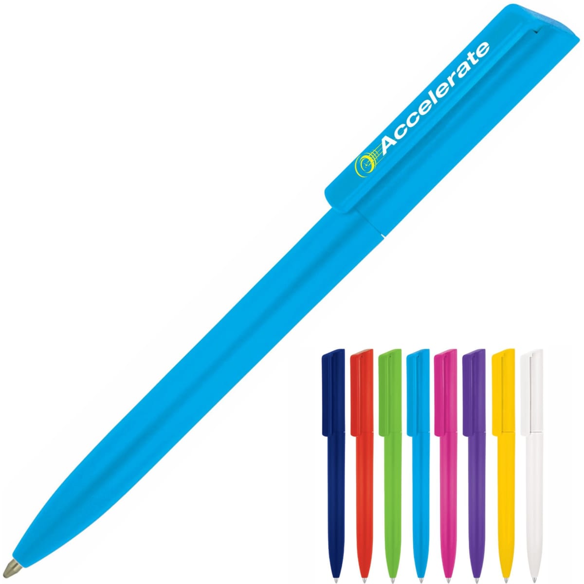 A ballpoint pen in blue, alongside a selection of pens in purple, red, green, yellow, orange, and white, featuring a logo.