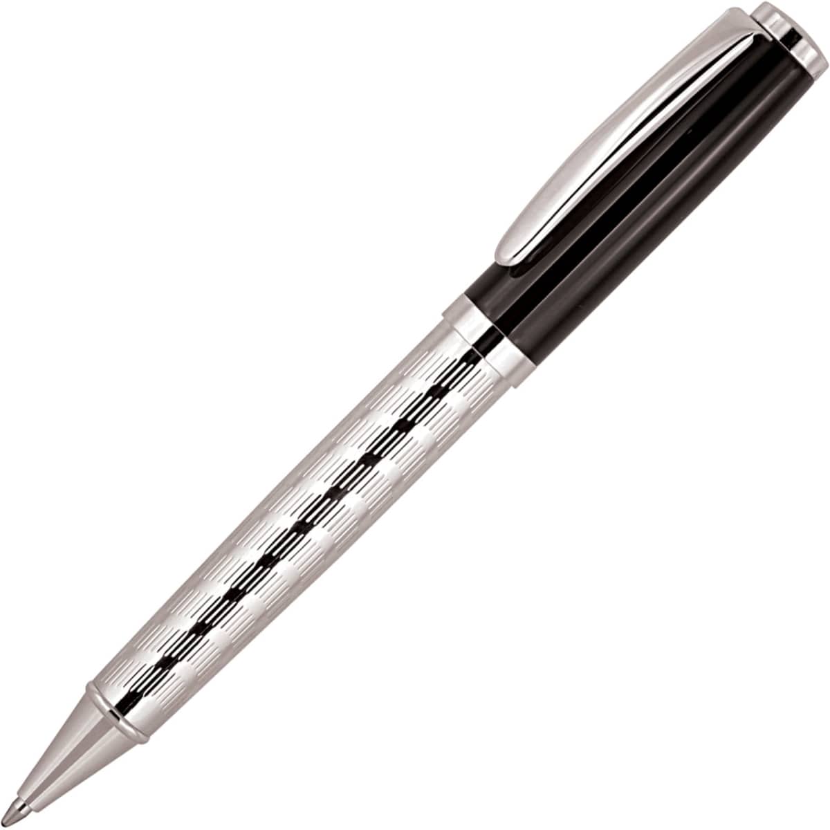 A metal ballpoint pen with a silver textured barrel and glossy black accents, featuring a clip and a branding logo.