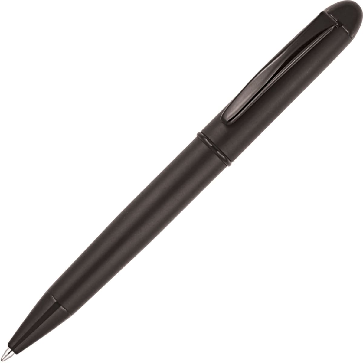 A black metal ballpoint pen with a sleek design and clip, featuring a logo on the surface.