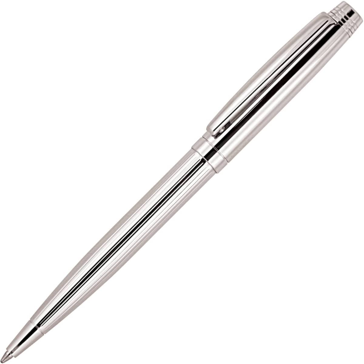 A silver metal ballpoint pen with a sleek design and a clip, featuring a branding logo.