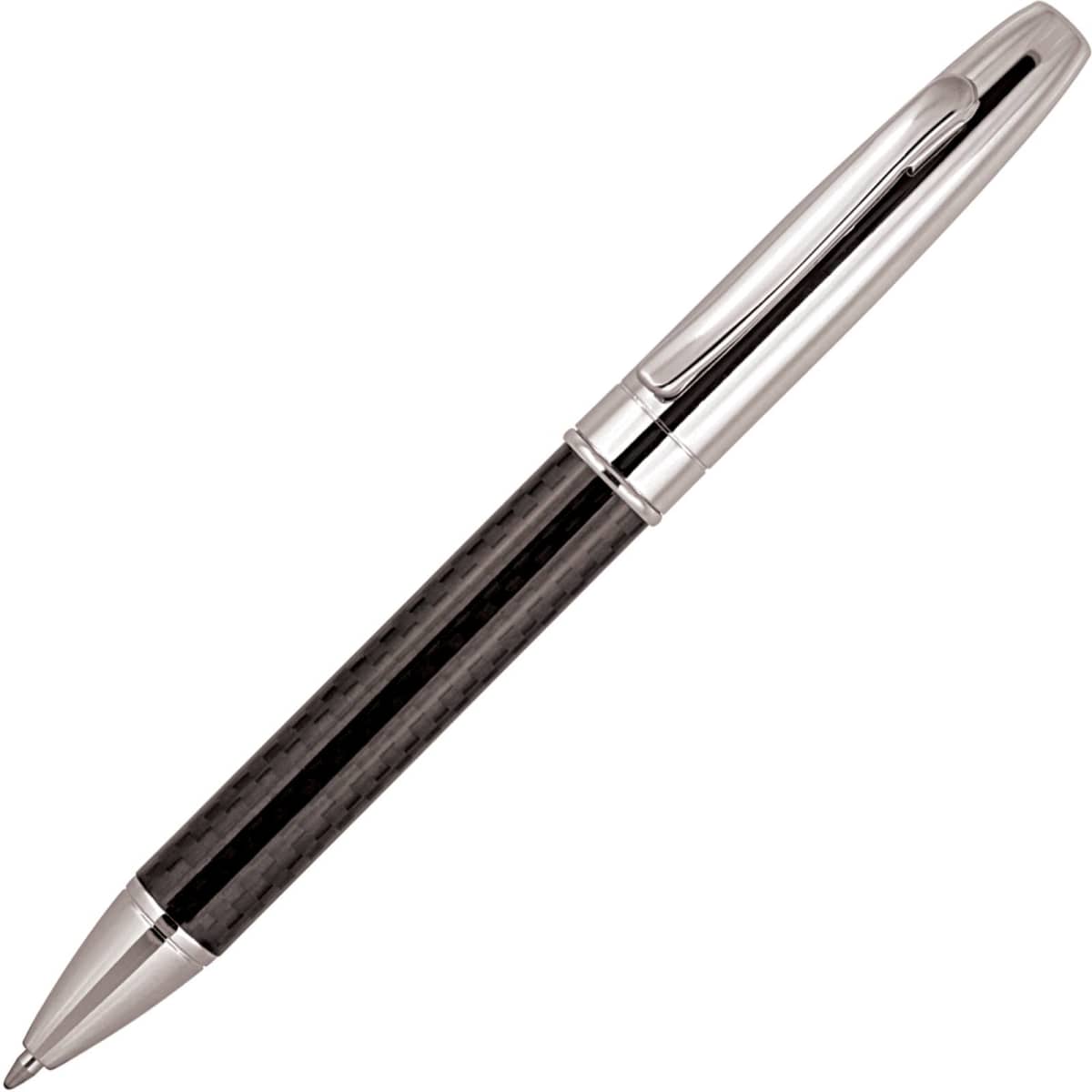 A ballpoint pen with a carbon fibre barrel and silver accents, featuring a sleek, modern design and a logo.