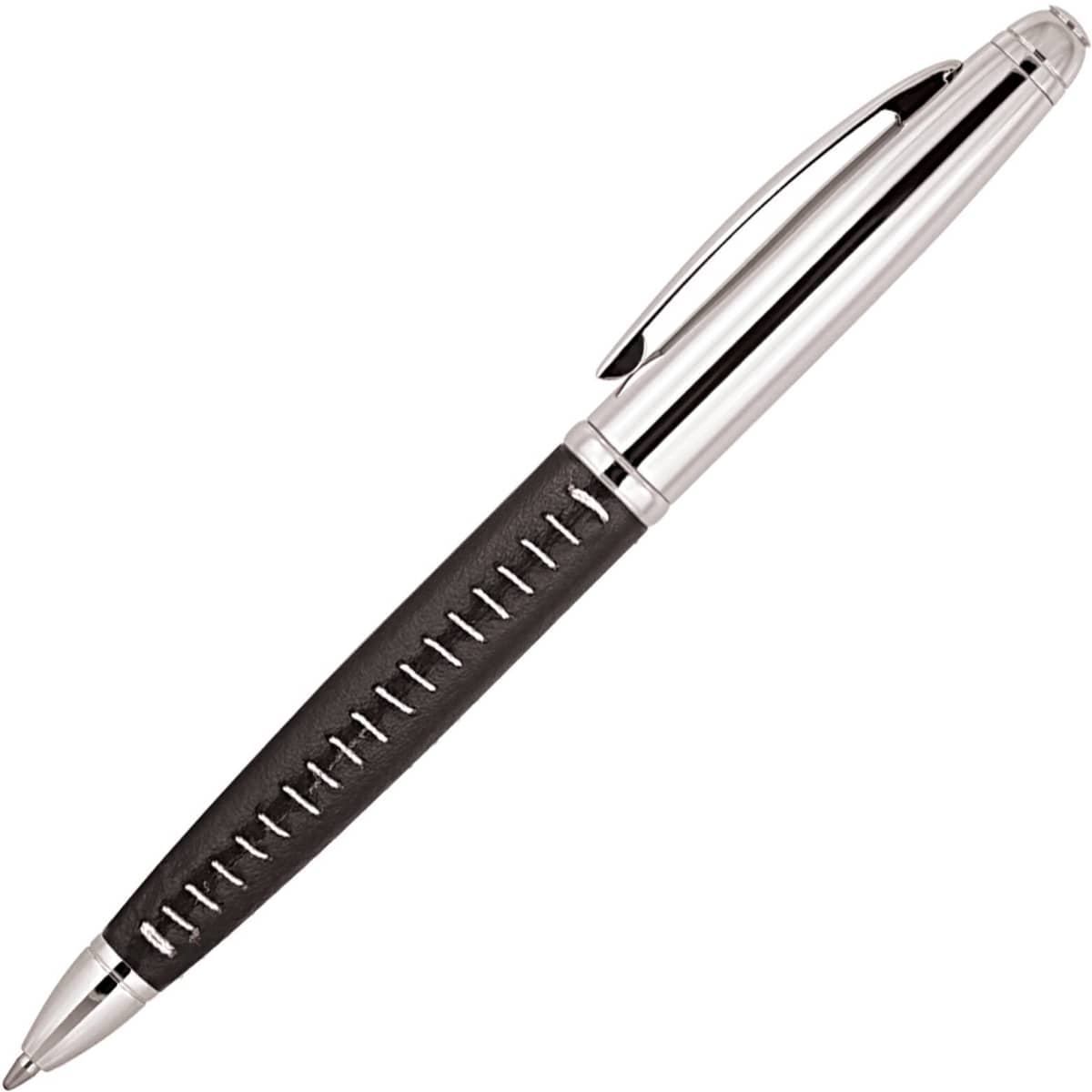 A metal ballpoint pen in silver and black with a stylish design and a clip for attachment.