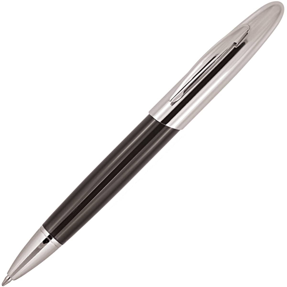A black and silver metal ballpoint pen featuring a sleek design and a clip. It includes a branding logo.