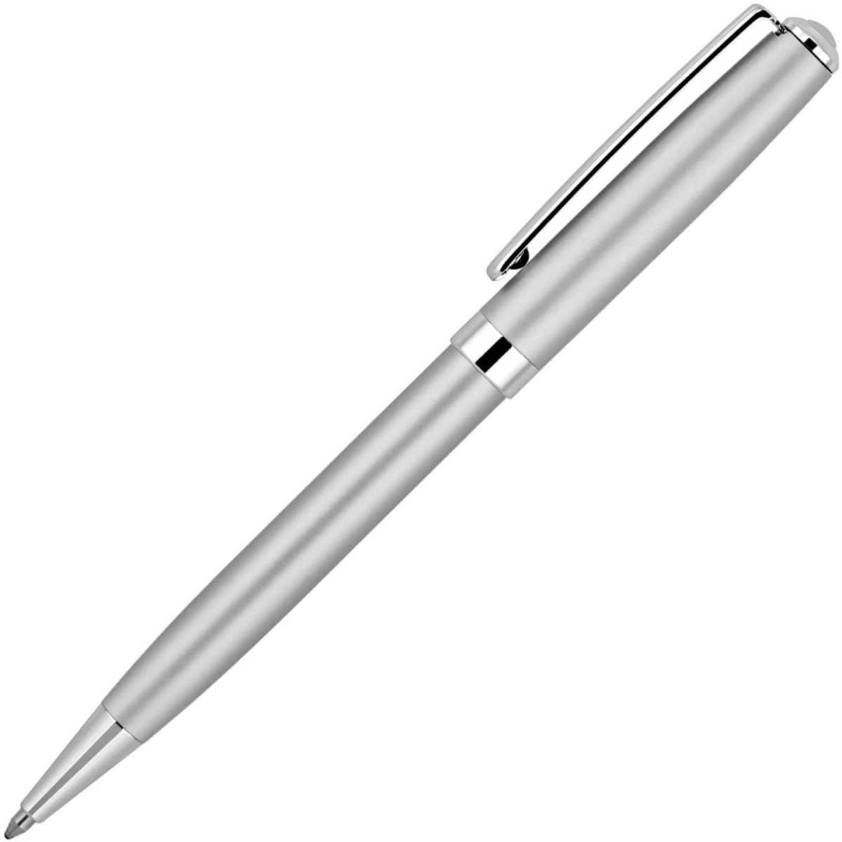 A silver ballpoint pen with a sleek metallic finish and a chrome clip, featuring a branding logo.