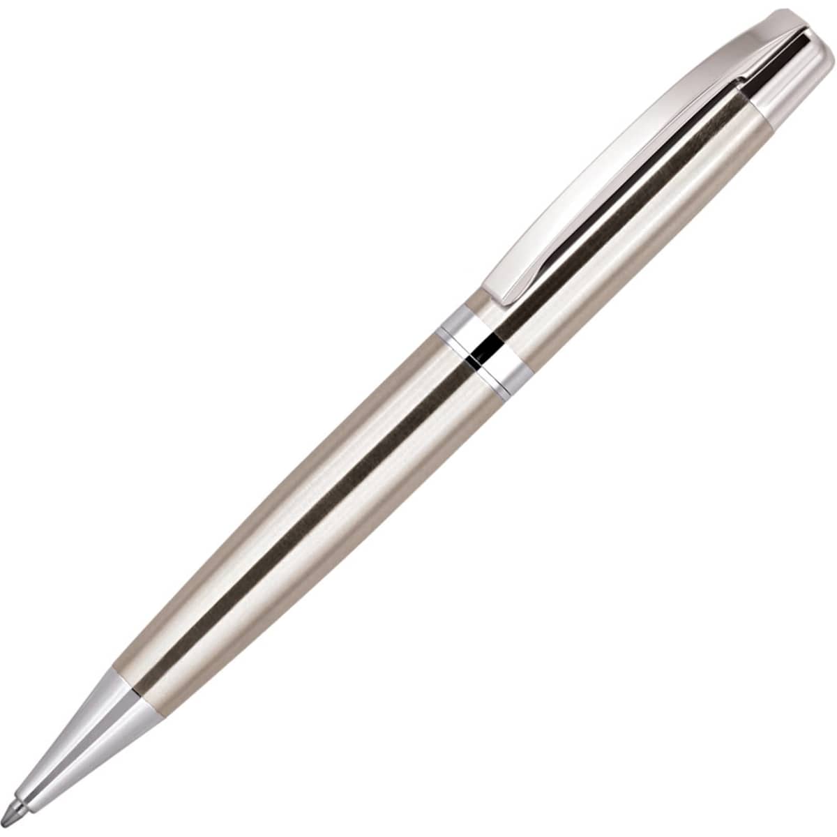 A metal ballpoint pen in silver and chrome with a sleek design and a clip. It features a logo on the body.