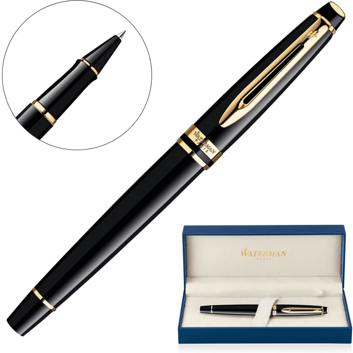 A rollerball pen in lacquer black with gold trim, displayed with an elegant blue and white box featuring branding.