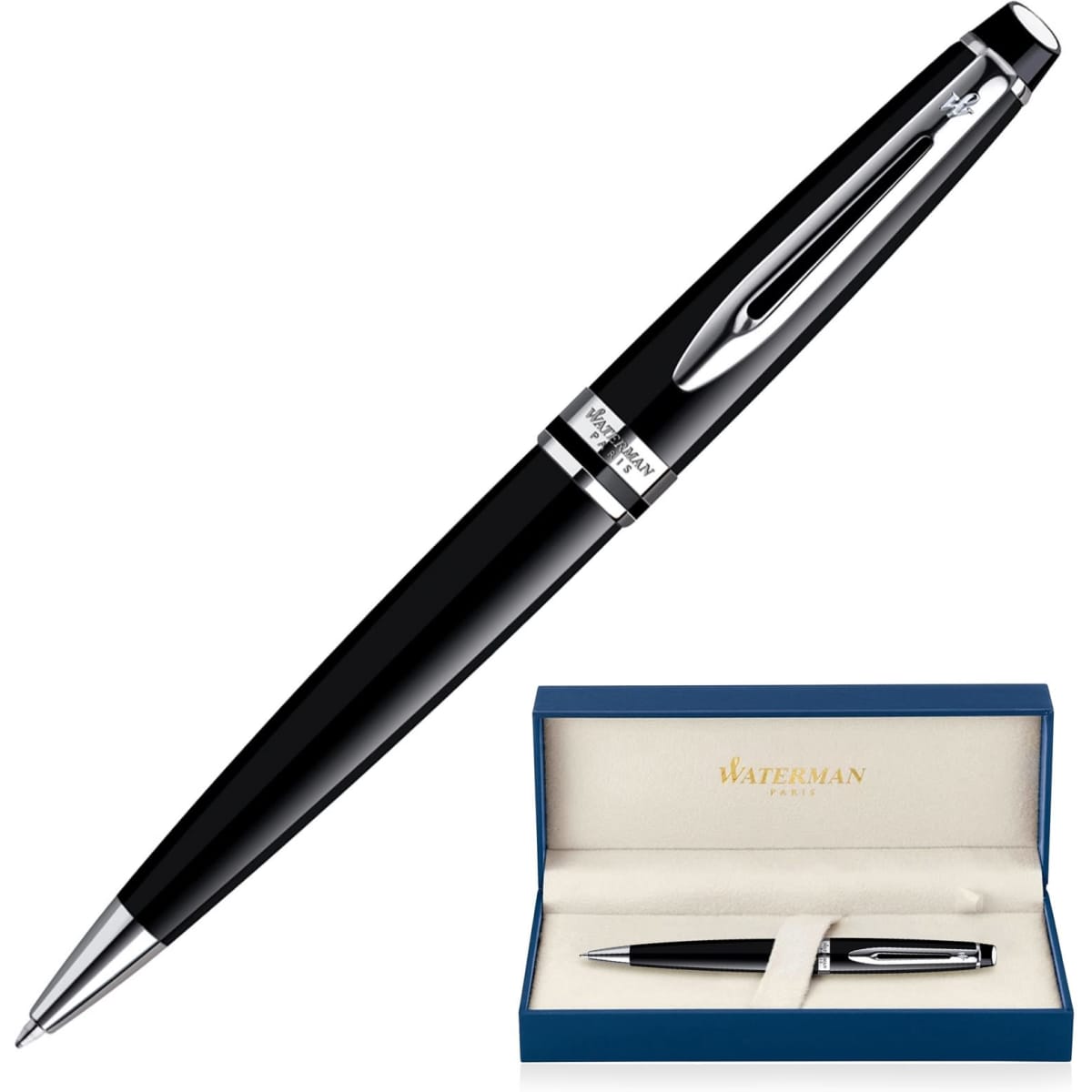 A sleek black ballpoint pen in a gift box, featuring a silver clip and accents. The box displays a logo.