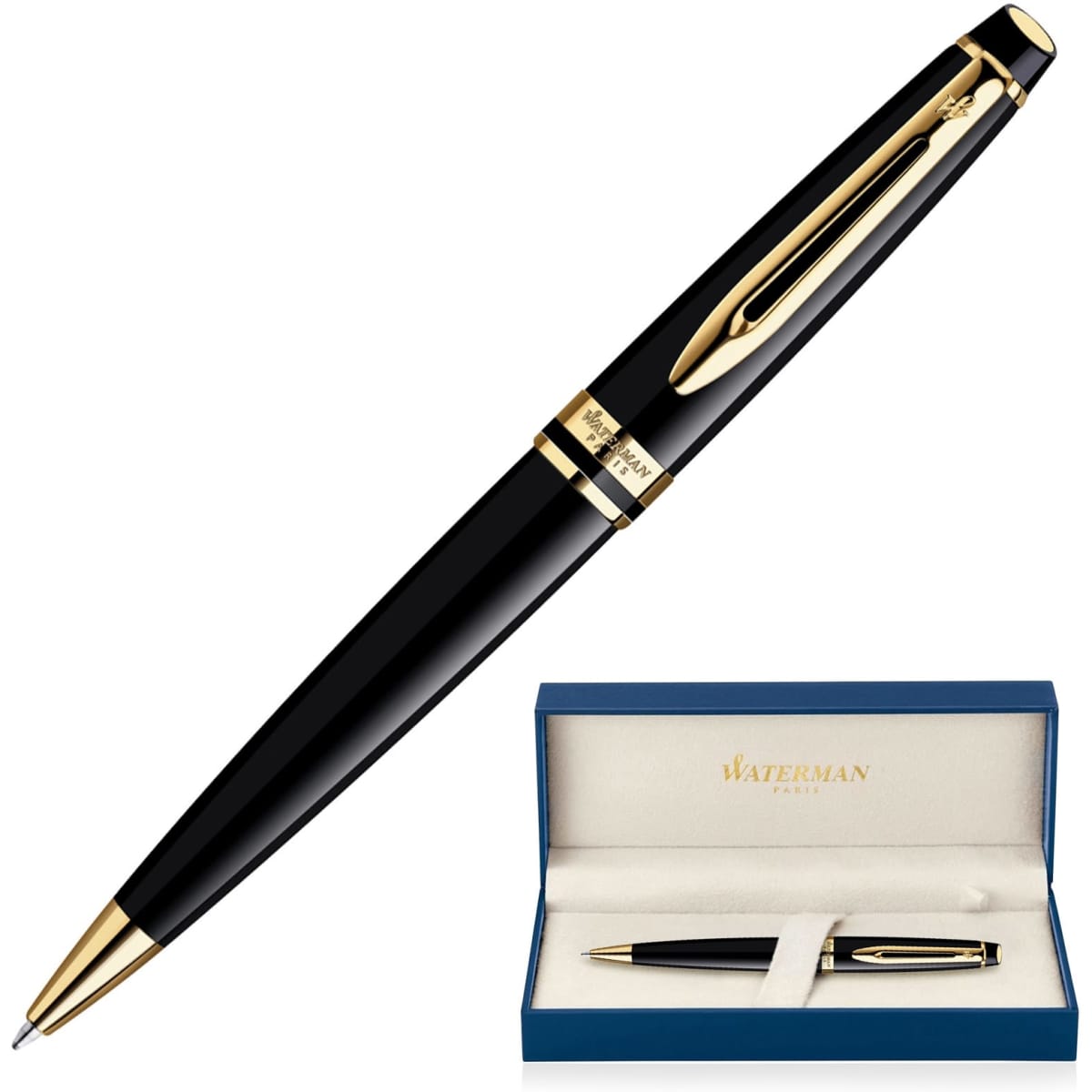 A black ballpoint pen with gold accents, presented in a blue box with a lined interior. It features a logo.