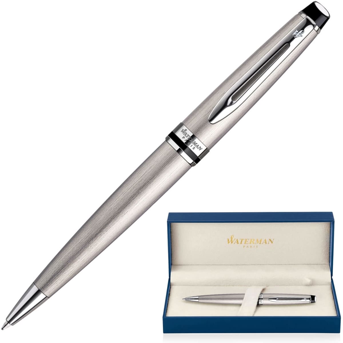 A metal ballpoint pen in brushed stainless steel, displayed alongside a blue presentation box with branding.
