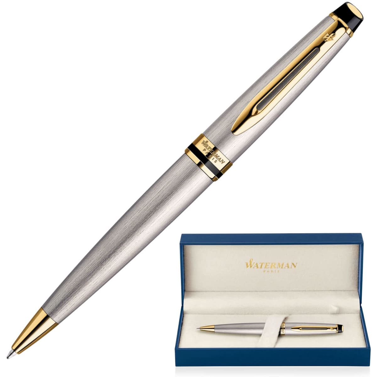 A brushed stainless steel ballpoint pen in a blue presentation box, featuring gold accents.