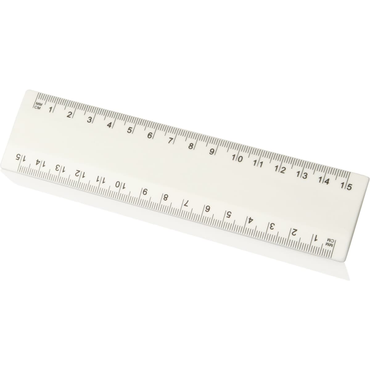 A 15cm white ruler featuring both centimetre and millimetre markings, with a logo on its surface.