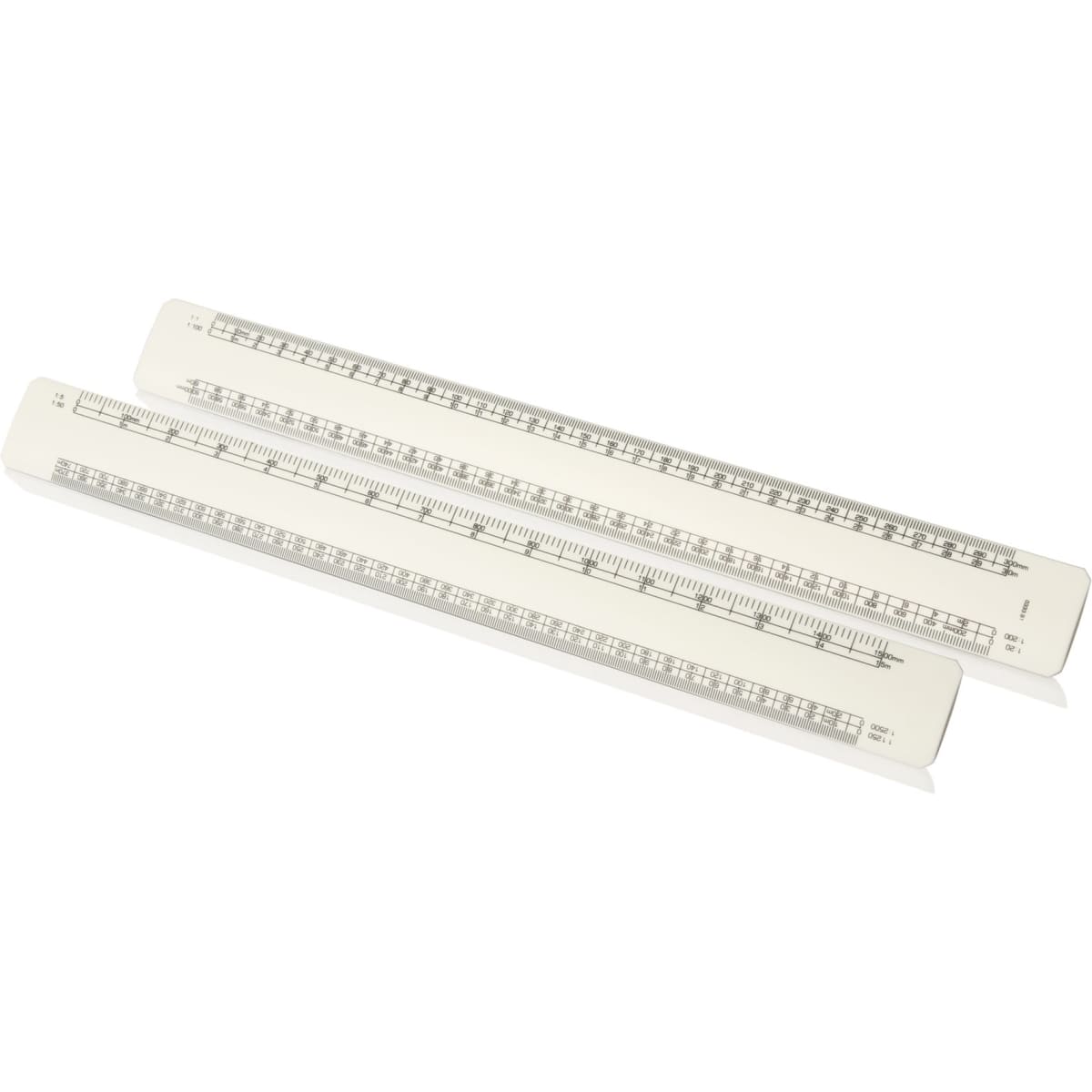 A scale ruler set featuring two 30cm rulers in a light colour, each with measurement markings and a logo.