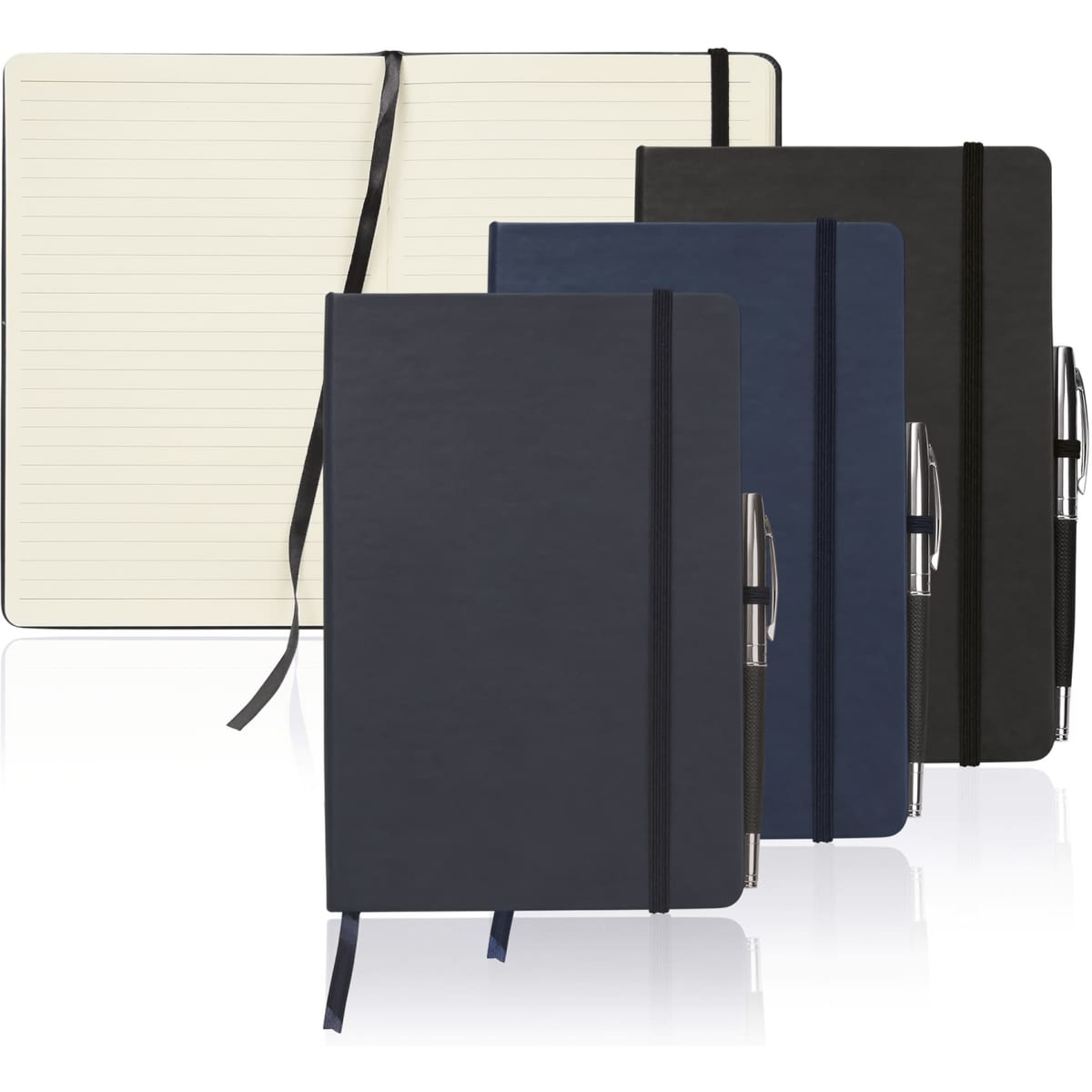 A collection of A5 executive notebooks in black, navy, and dark grey, featuring elastic bands and pens.