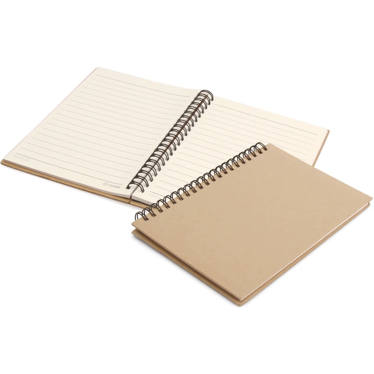 A spiral-bound A5 notebook with a brown cover and lined paper, featuring a plain back cover. It has a logo on the front.