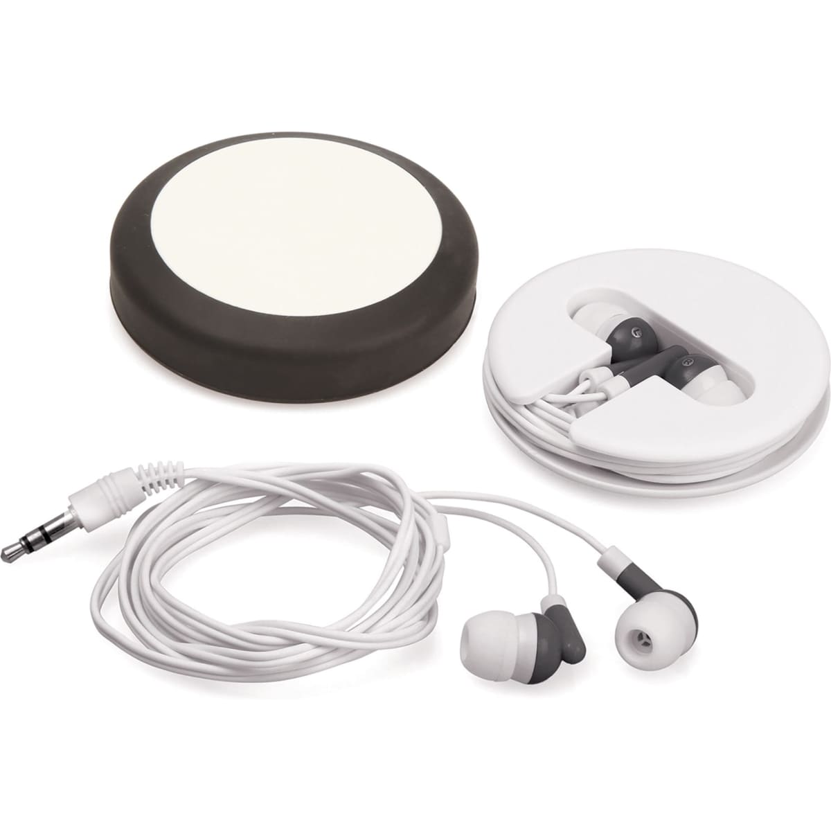 Earphones in white and grey, with a circular black case for storage and a white audio jack cable.
