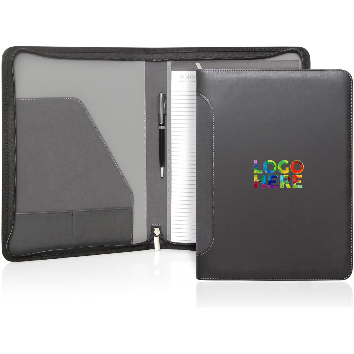 A black executive zipper binder with a pen, notepad, and pockets for documents. It features a logo on the front.