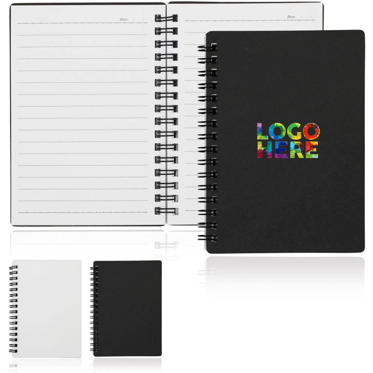 A spiral-bound A6 notebook with a black cover and colourful branding, featuring lined pages inside.