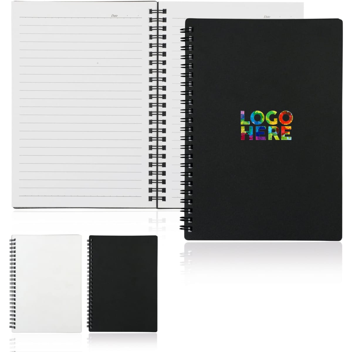 A spiral-bound A5 notebook with a black cover, featuring lined pages and a logo.
