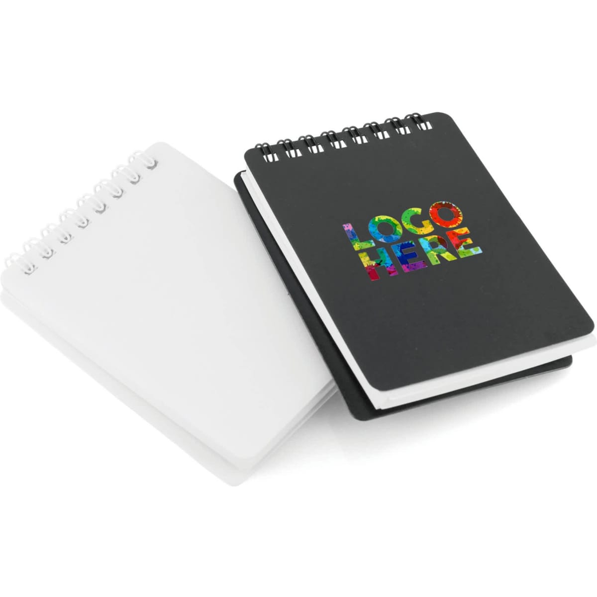 Aspiral-bound A7 notepad set, featuring a black notepad with a colourful logo and a white notepad.