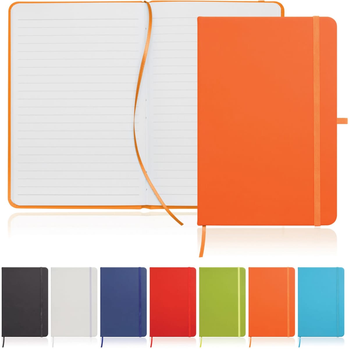 A5 notebook journal with a leather-look cover, available in orange, black, white, navy, green, and blue, featuring lined pages.