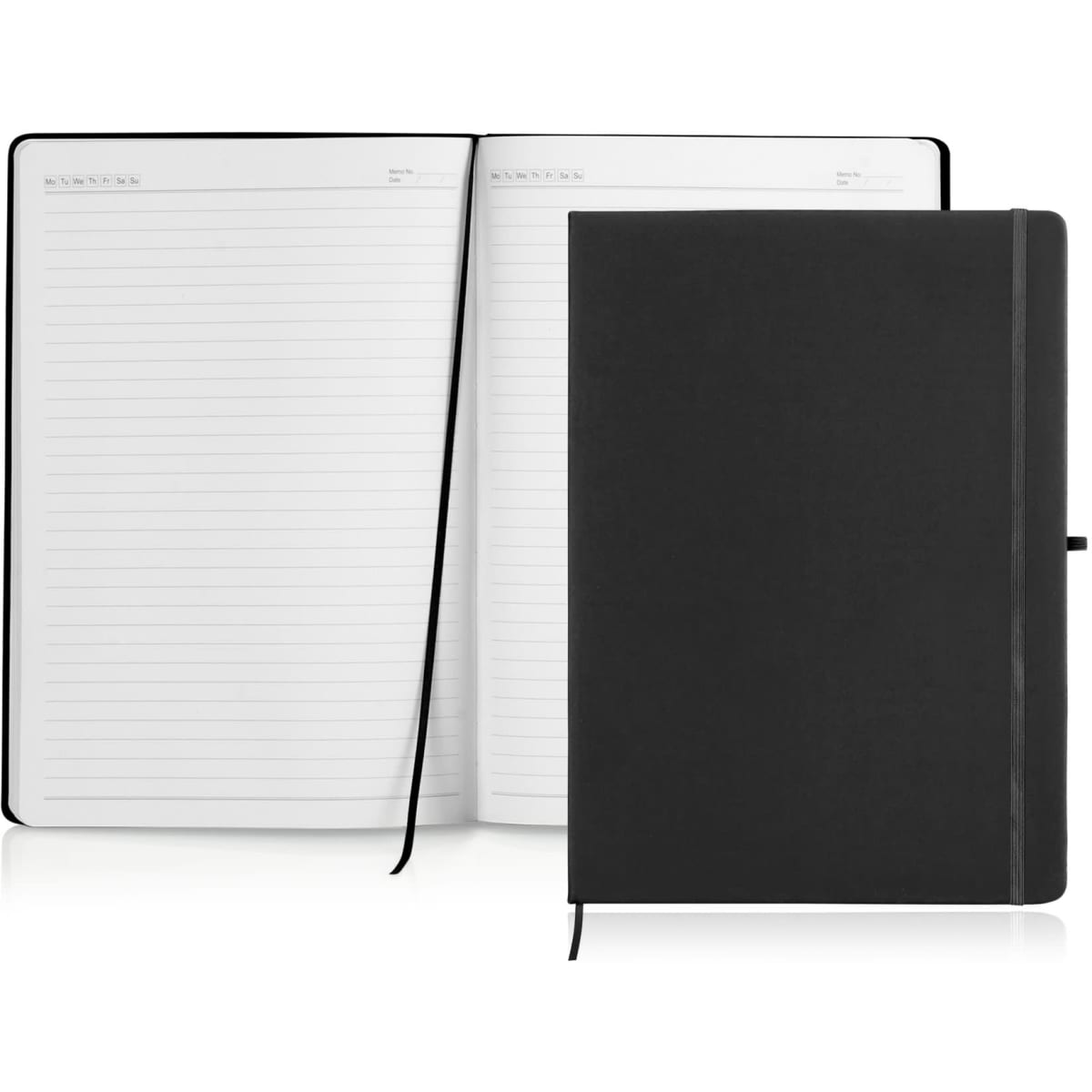 A black A4 notebook journal with a leather look, featuring lined pages and a bookmark ribbon. It has a logo on the cover.