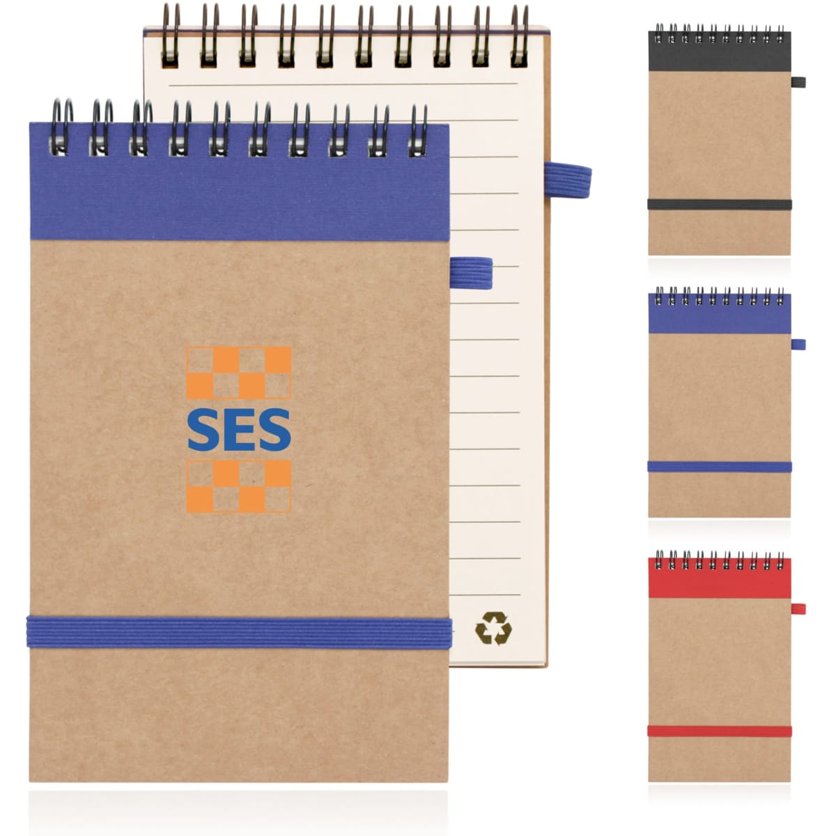A recycled paper spiral bound notepad with a brown cover, featuring a logo and coloured elastic bands in various hues.