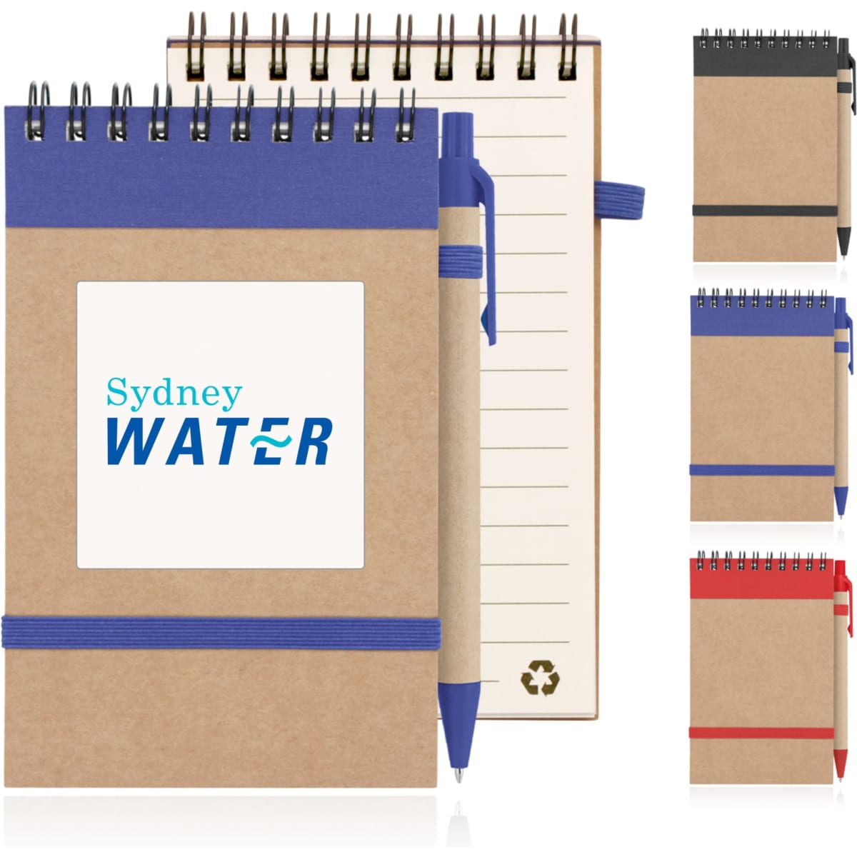 A recycled paper spiral-bound notepad in brown with blue, black, and red options, featuring a pen and an elastic band.