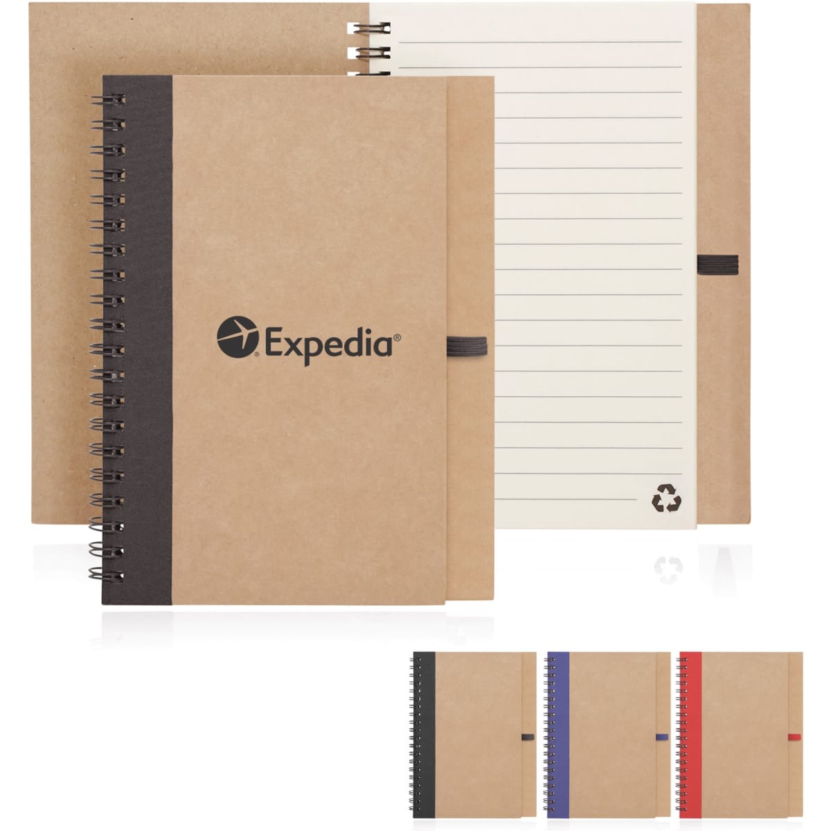 A spiral-bound notebook made from recycled paper, featuring a brown cover with a black side and lined pages. Includes a logo.