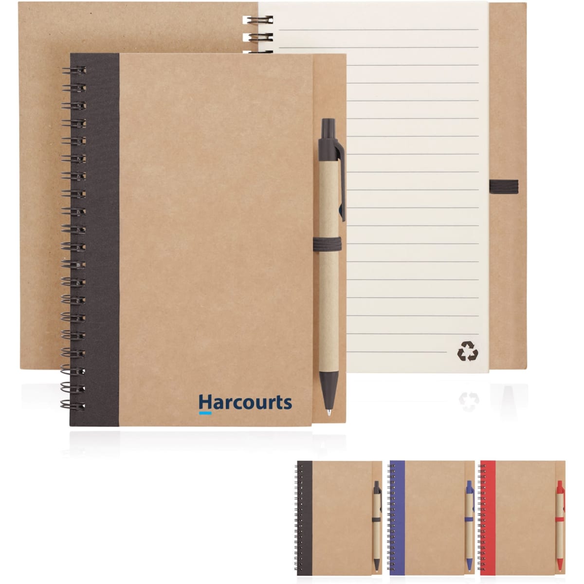 A spiral-bound eco notebook made of recycled paper, featuring a brown cover and a pen. Available in multiple colours.