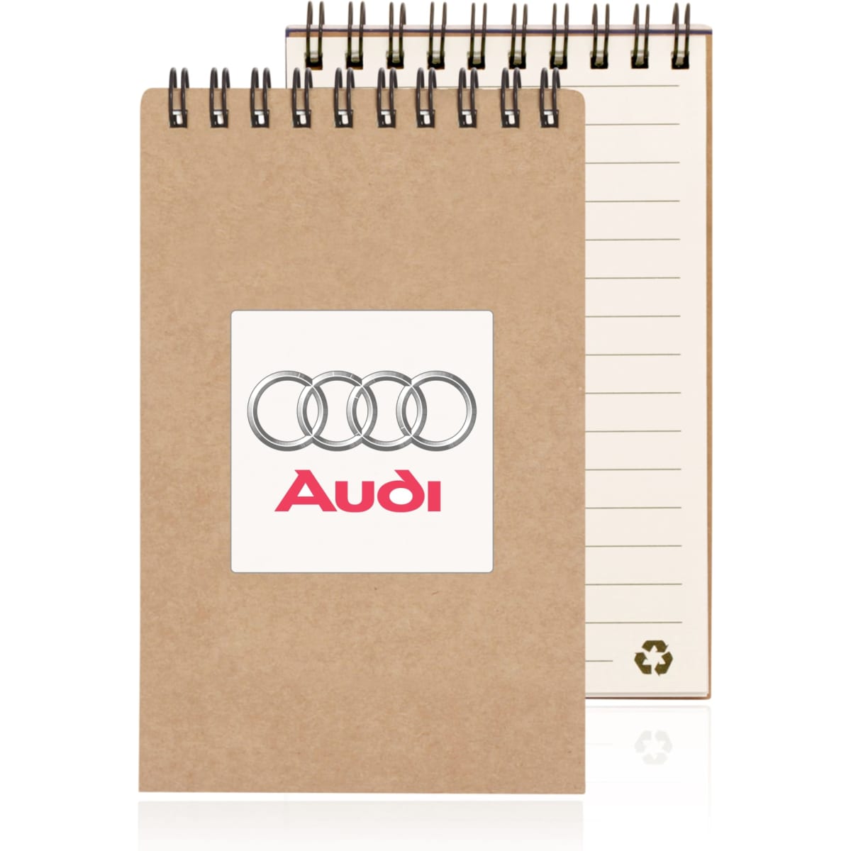 A spiral-bound notepad in a brown recycled cover with lined pages and a logo on the front.