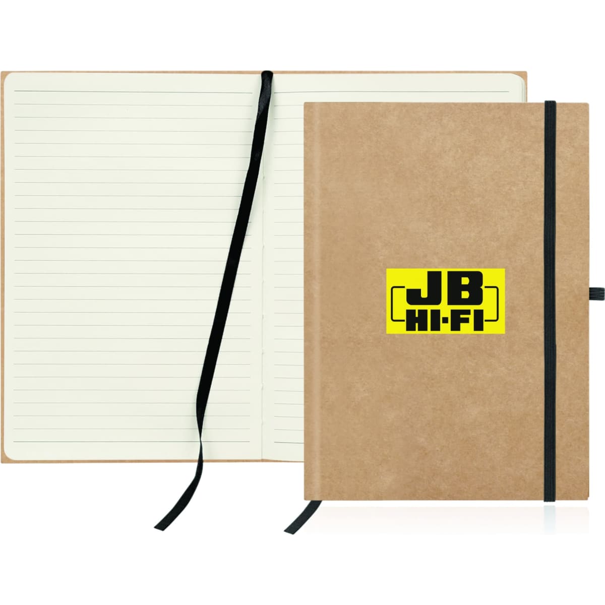 A recycled paper journal in a brown cover with a black elastic band and ribbon marker, featuring a logo on the front.